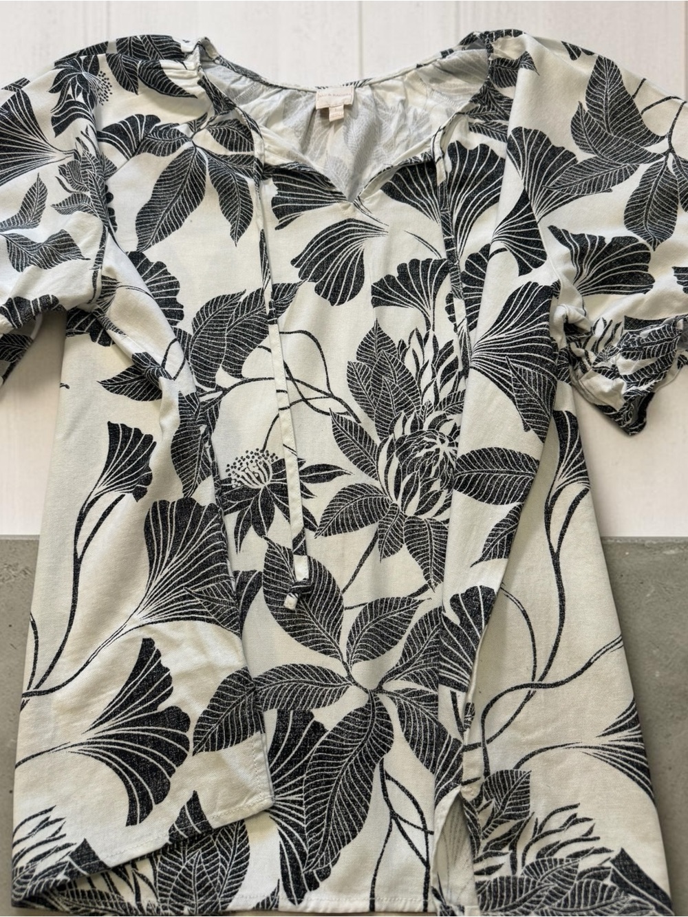Zac & Rachel Black and Cream Floral Tie-Neck Blouse